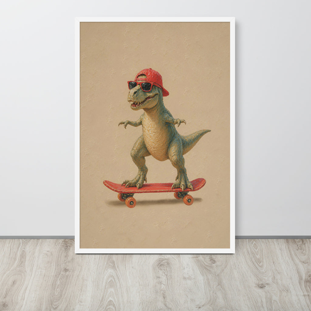 A framed vertical wall art print featuring a baby green t-rex dinosaur wearing a red cap and sunglasses while riding a red skateboard against a warm beige background.