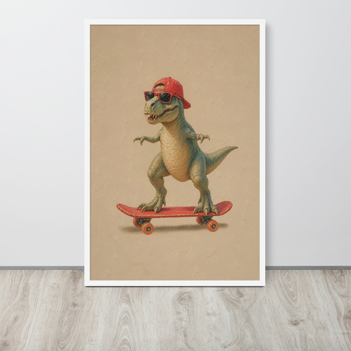 A framed vertical wall art print featuring a baby green t-rex dinosaur wearing a red cap and sunglasses while riding a red skateboard against a warm beige background.
