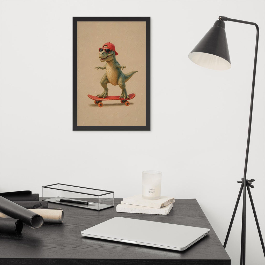 T-Rex Baby Dinosaur Skateboard Wall Art styled on a wall, blending dinosaur poster and t-rex nursery decor inspiration