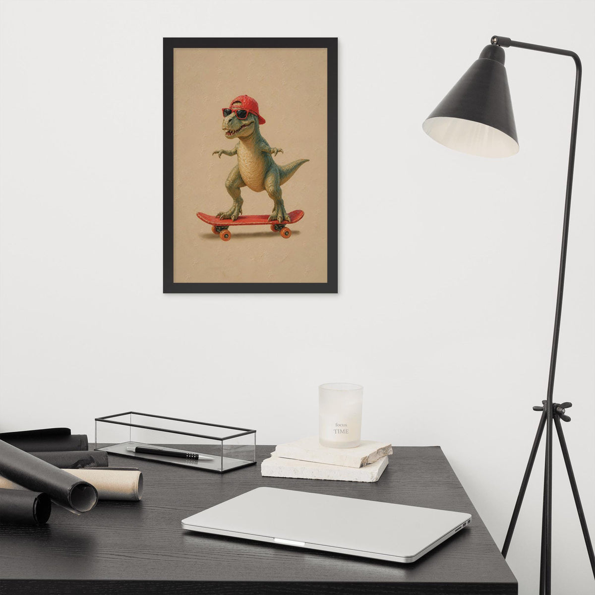 T-Rex Baby Dinosaur Skateboard Wall Art styled on a wall, blending dinosaur poster and t-rex nursery decor inspiration