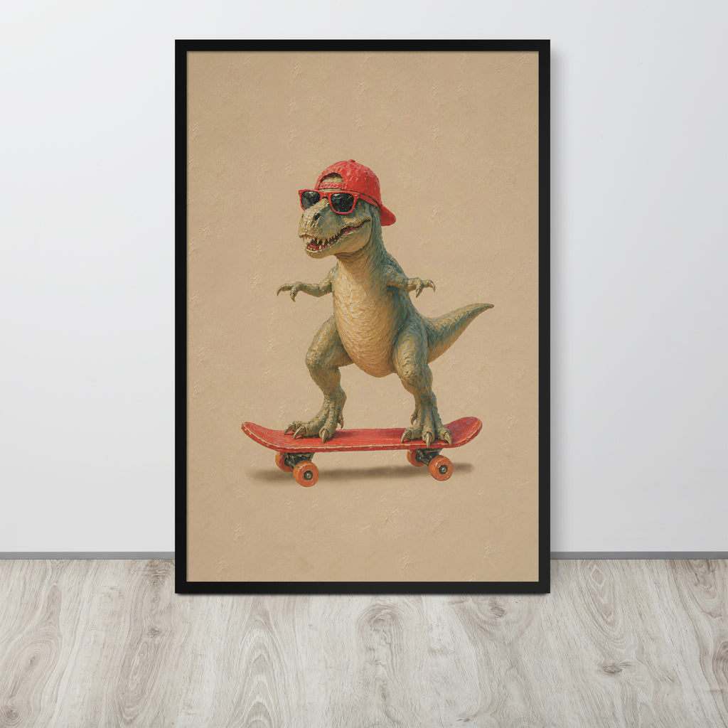 T-Rex Baby Dinosaur Skateboard Wall Art displayed in a modern room, ideal funny nursery art accent for trex wall art