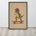 T-Rex Baby Dinosaur Skateboard Wall Art displayed in a modern room, ideal funny nursery art accent for trex wall art