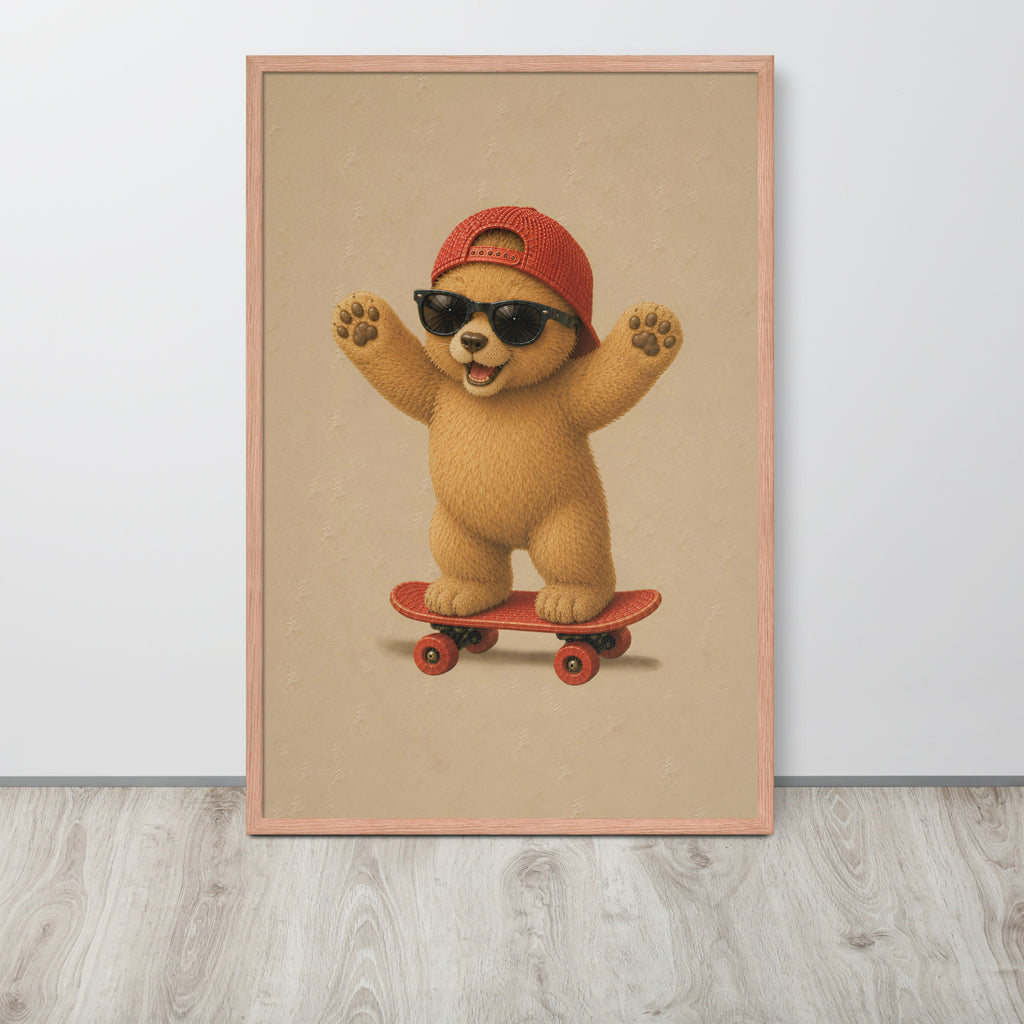 A framed teddy nursery wall art print featuring a cute cartoon bear wearing a red cap and black sunglasses while riding a red skateboard, displayed against a light gray wall on a light wood floor.