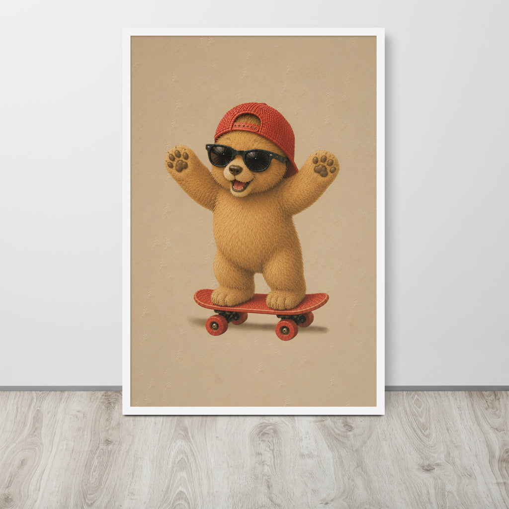 A vertical framed teddy bear nursery decor, wall art print featuring a cute cartoon bear wearing a red cap, black sunglasses, and riding a red skateboard, displayed against a light gray wall on a light wood floor.