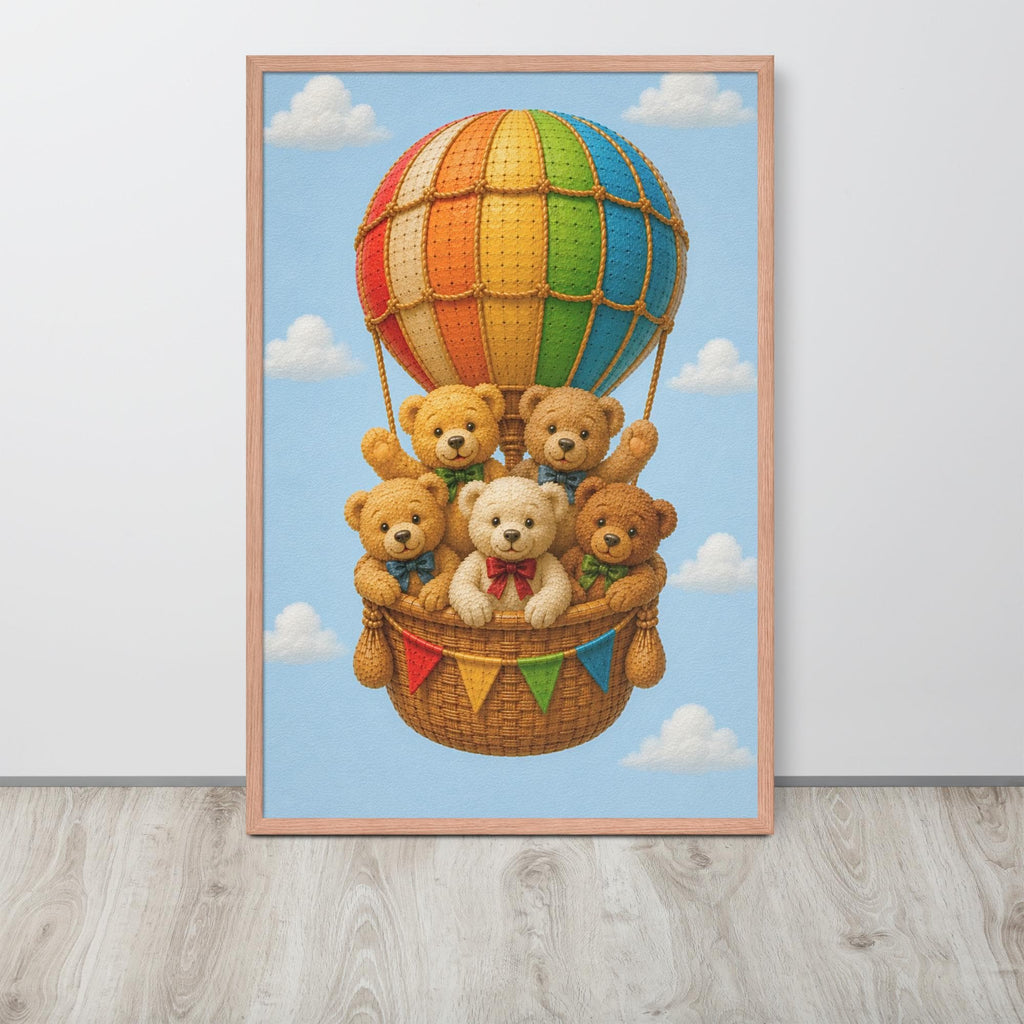 A framed nursery wall art print depicting five teddy bears in a wicker basket on a rainbow-striped hot air balloon against a light blue sky with clouds, shown leaning against a white wall on a light wood floor.