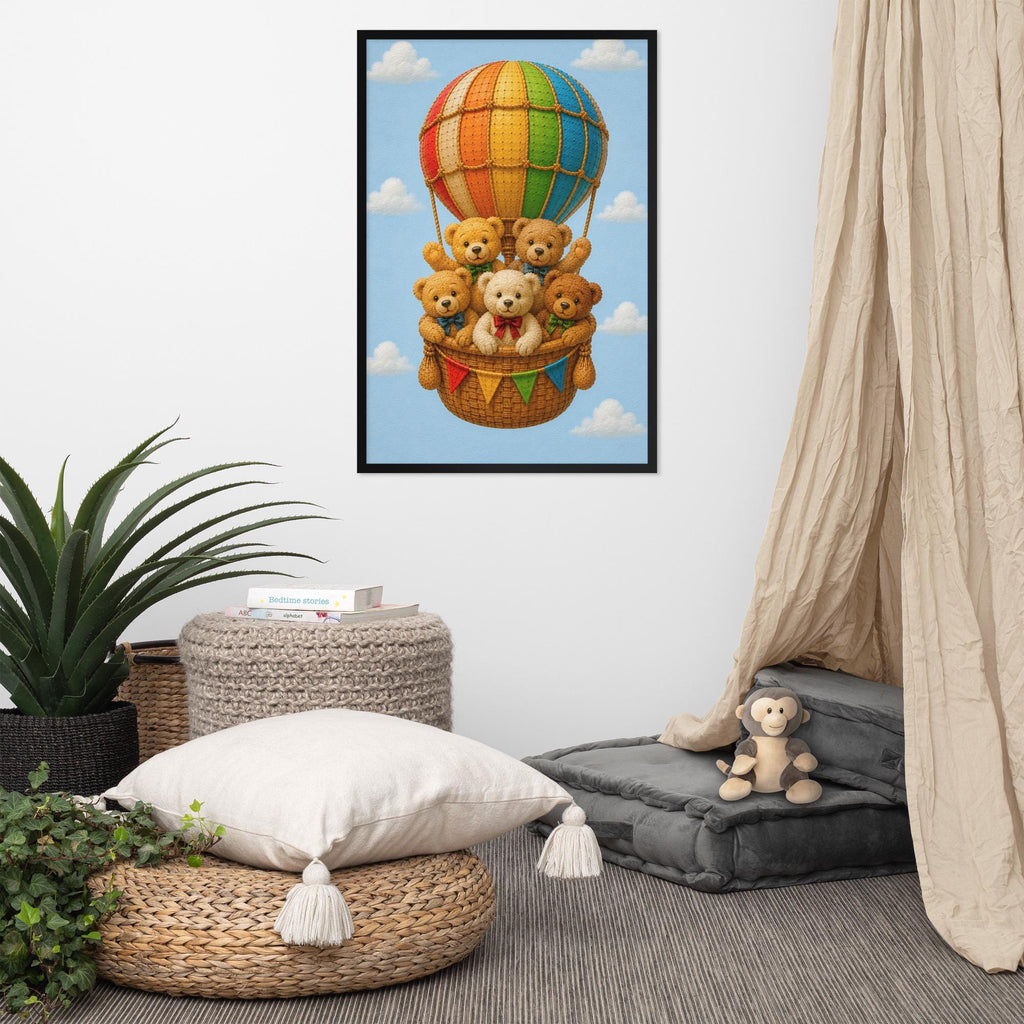 Teddy Bears Hot Air Balloon Nursery Wall Art styled on a wall, blending hot air balloon art and teddy bear nursery inspiration