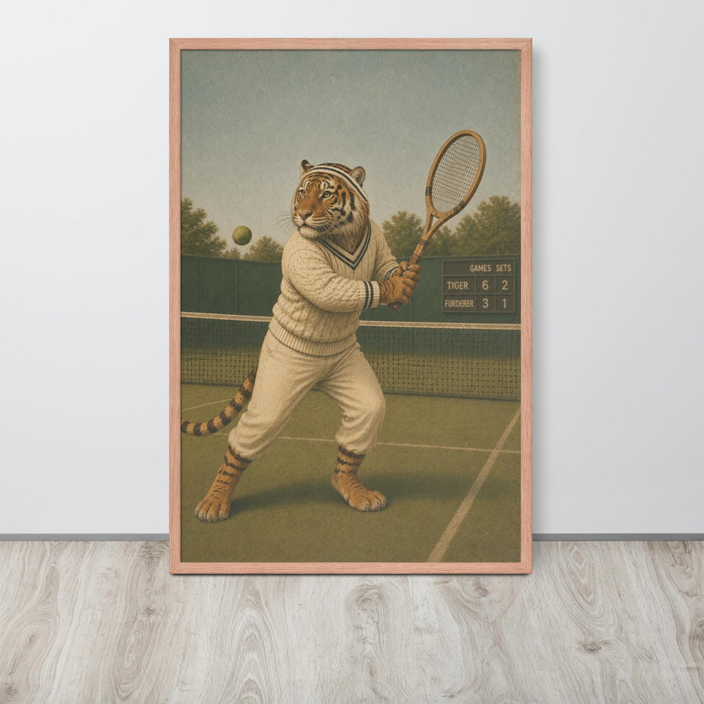 Vintage Tiger Tennis Wall Art Print hanging as vintage kids decor decor with a retro sport wall art look