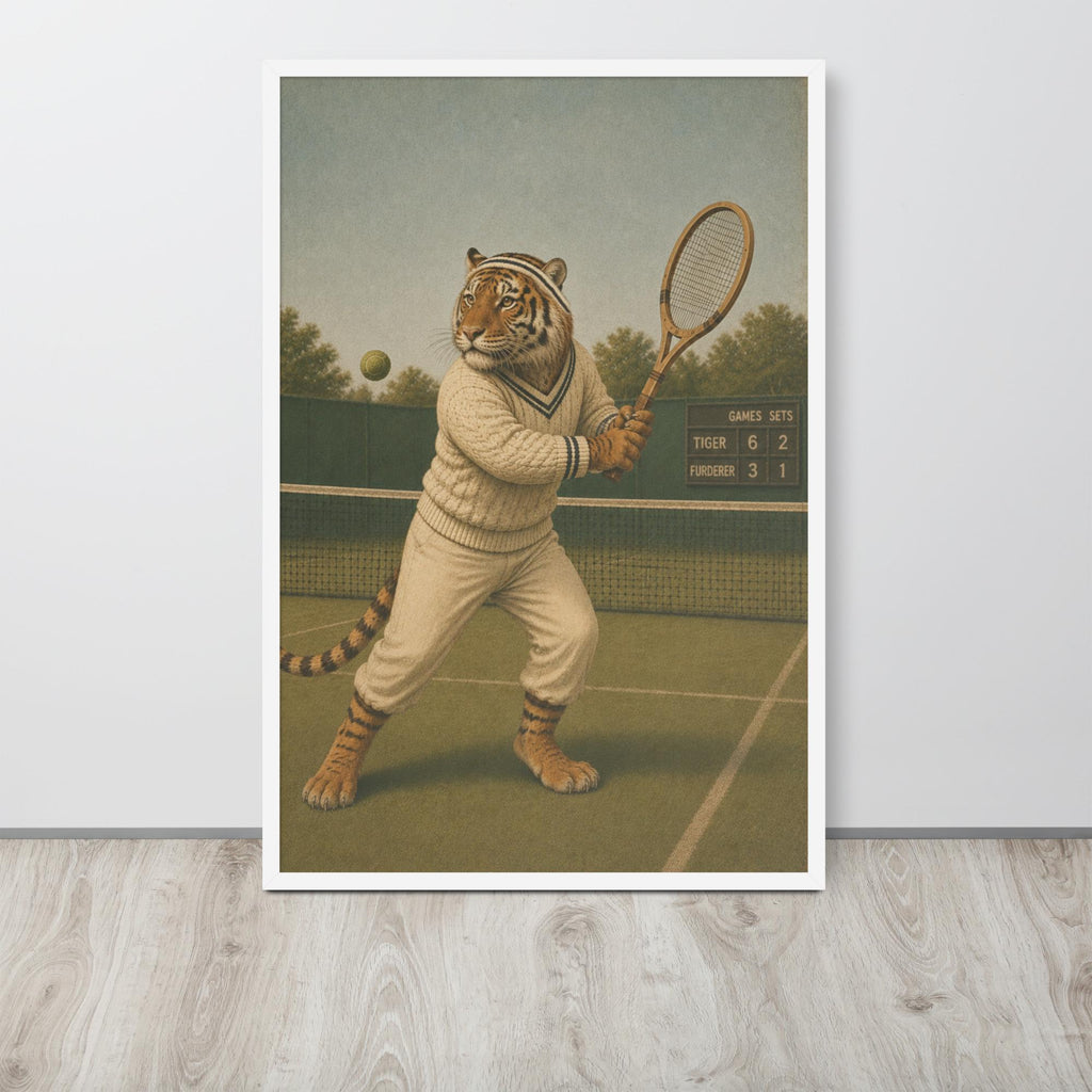 Retro Tiger Tennis Wall Art Print lifestyle photo capturing sports room decor, suited to cottagecore decor spaces