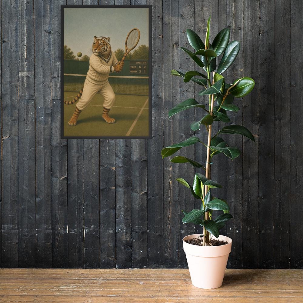 Vintage Tiger Tennis Wall Art Print mockup highlighting nursery animal art and tennis themed art style