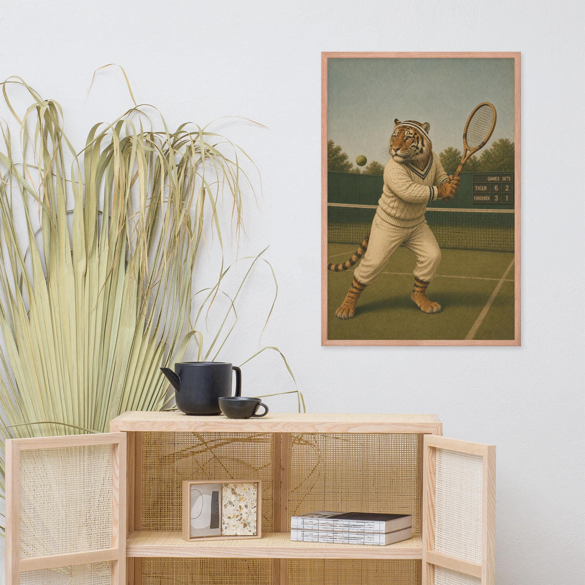 Vintage Tiger Tennis Wall Art Print displayed in a modern room, ideal quirky animal poster accent for tennis wall art