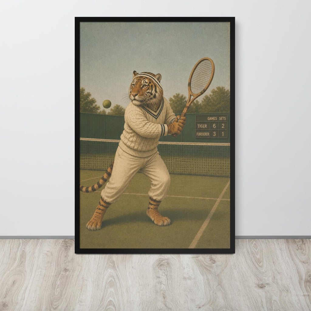 A framed vintage tennis wall art print featuring a vintage-style illustration of a tiger dressed in cream-colored tennis attire, holding a racket on a tennis court. The print is displayed against a light gray wall above a light wood floor.