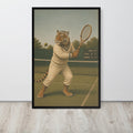 A framed vintage tennis wall art print featuring a vintage-style illustration of a tiger dressed in cream-colored tennis attire, holding a racket on a tennis court. The print is displayed against a light gray wall above a light wood floor.