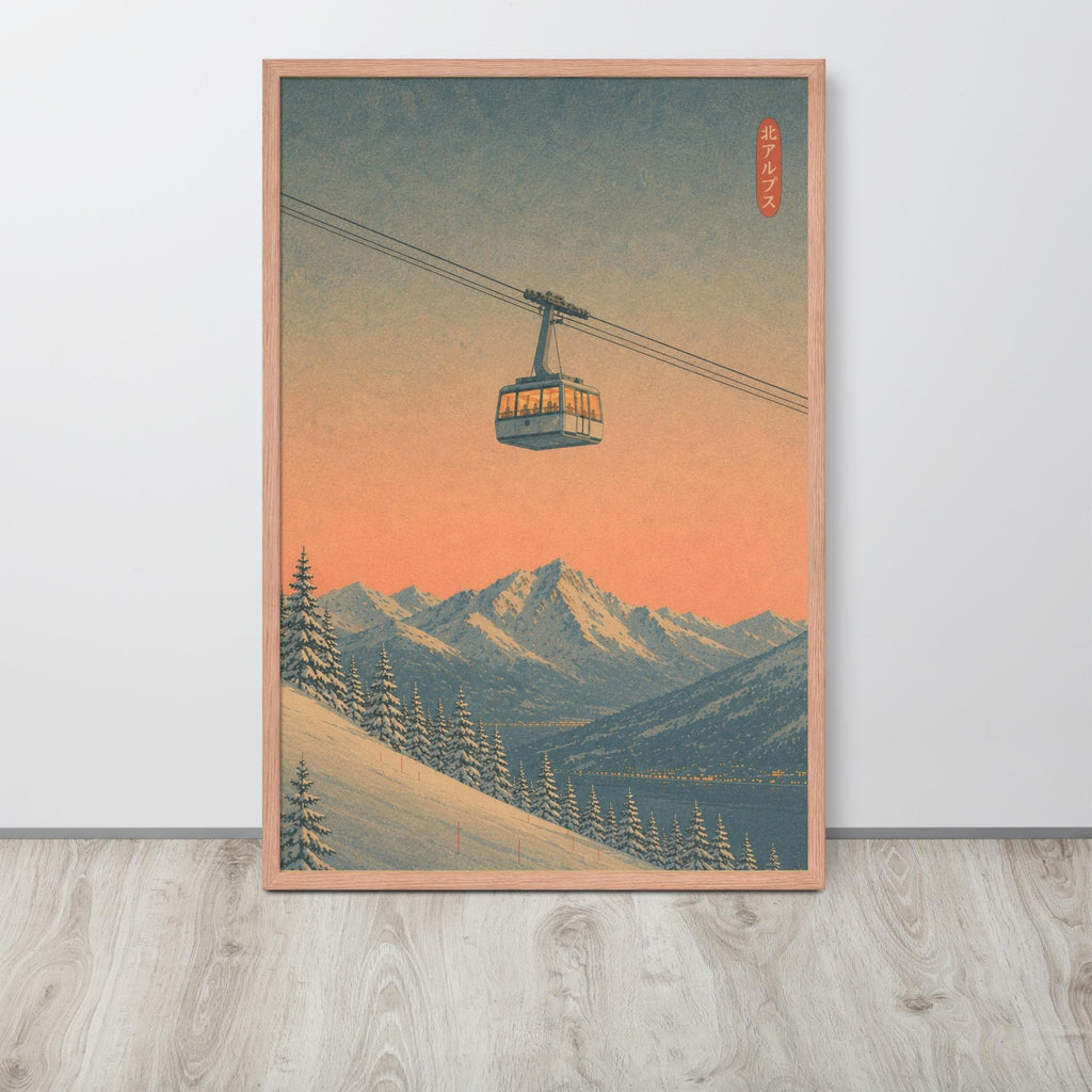 A framed vintage japanese wall art print featuring a Japanese-style illustration of a mountain landscape with a gondola cable car, displayed against a light gray wall on a light wood floor.