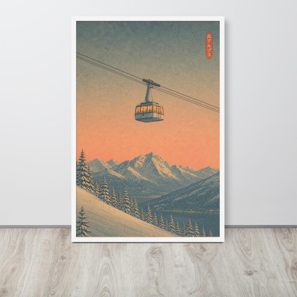 A vertical retro japanese wall art print featuring a ski gondola over snowy mountains and evergreen trees, styled in a retro Japanese woodblock aesthetic. The print is displayed leaning against a light gray wall on a light wood floor.