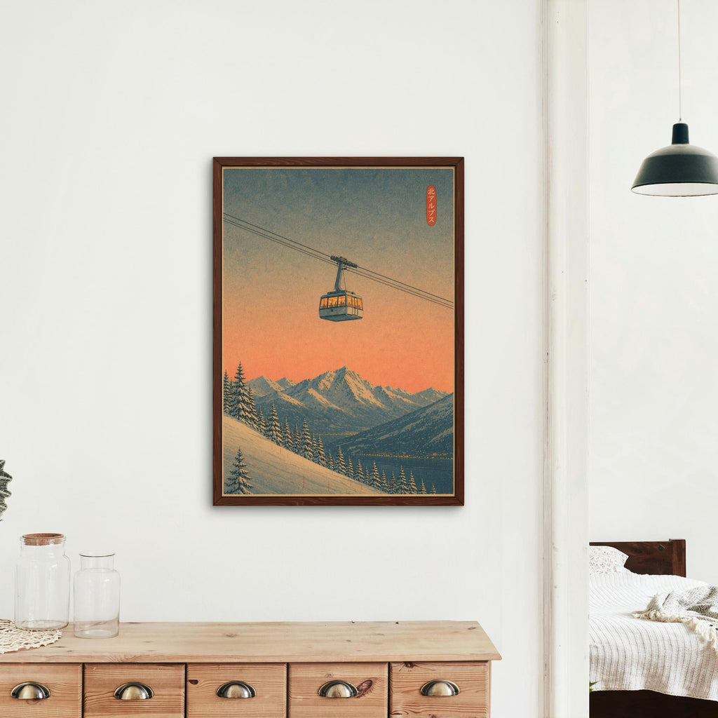 Vintage Japanese Ski Poster featuring gondola print, perfect ski art for home decor