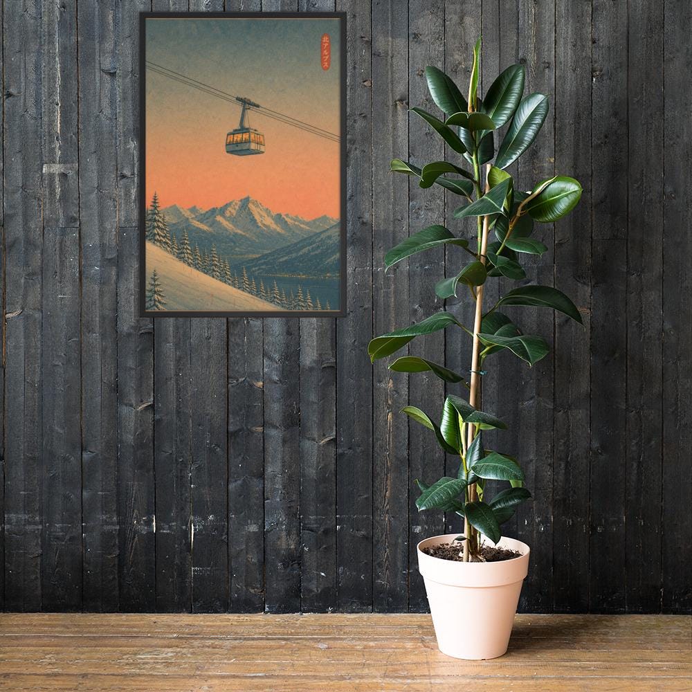 Vintage Japanese Ski Poster styled on a wall, blending japanese poster and ski wall art inspiration