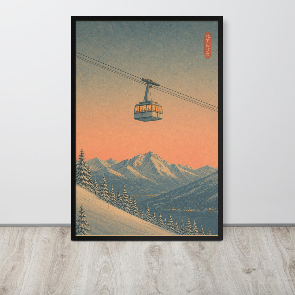 Vintage Japanese Ski Poster mockup highlighting japanese wall art and vintage mountain art style