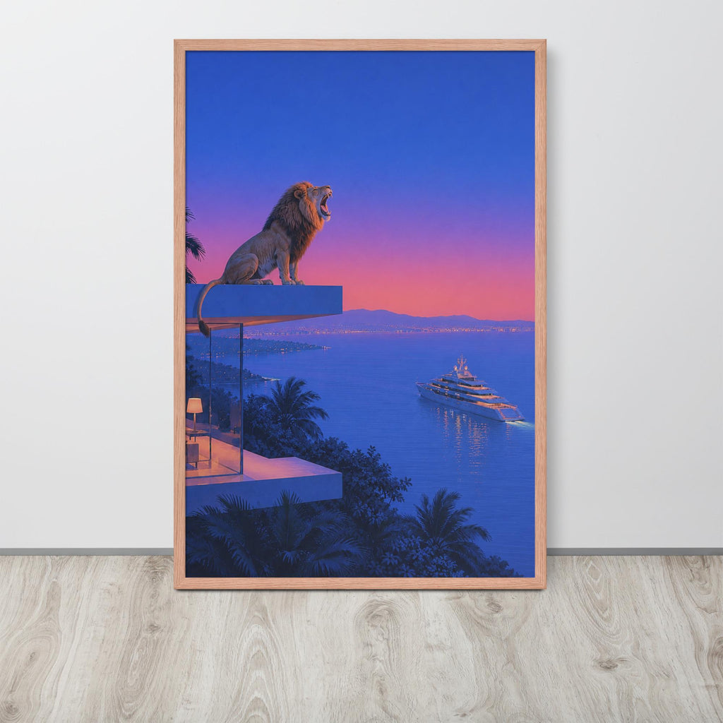 A framed vertical abstract animal wall art print. The artwork shows a lion sitting on a balcony overlooking a yacht on the water at sunset, with a blue and pink sky and dark palm trees below.