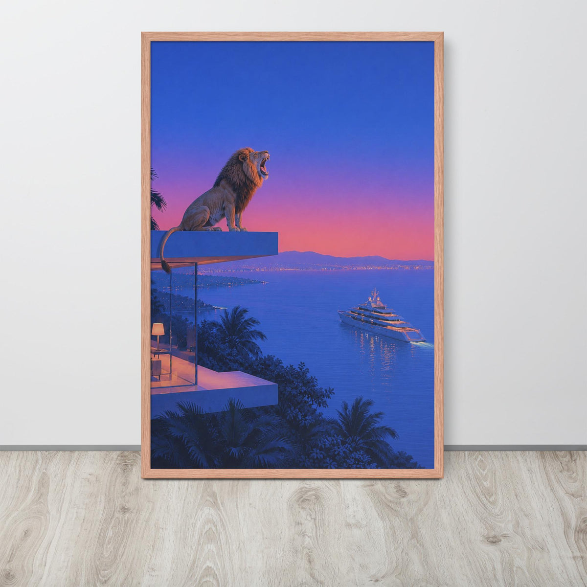 A framed vertical abstract animal wall art print. The artwork shows a lion sitting on a balcony overlooking a yacht on the water at sunset, with a blue and pink sky and dark palm trees below.