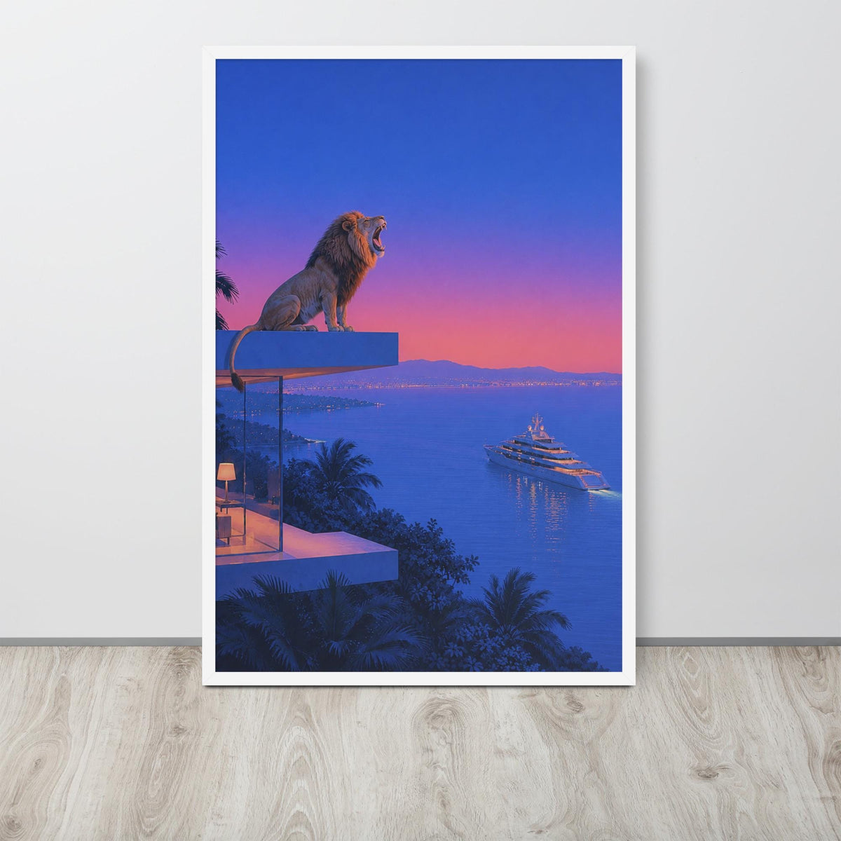 Vintage Lion Wall Art mockup highlighting japanese wall art and oceanside poster style