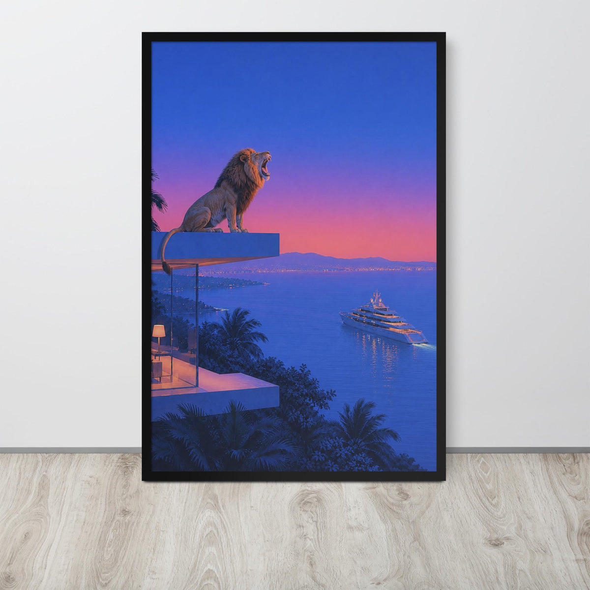 Vintage Lion Wall Art displayed in a modern room, ideal lion art accent for oceanside print