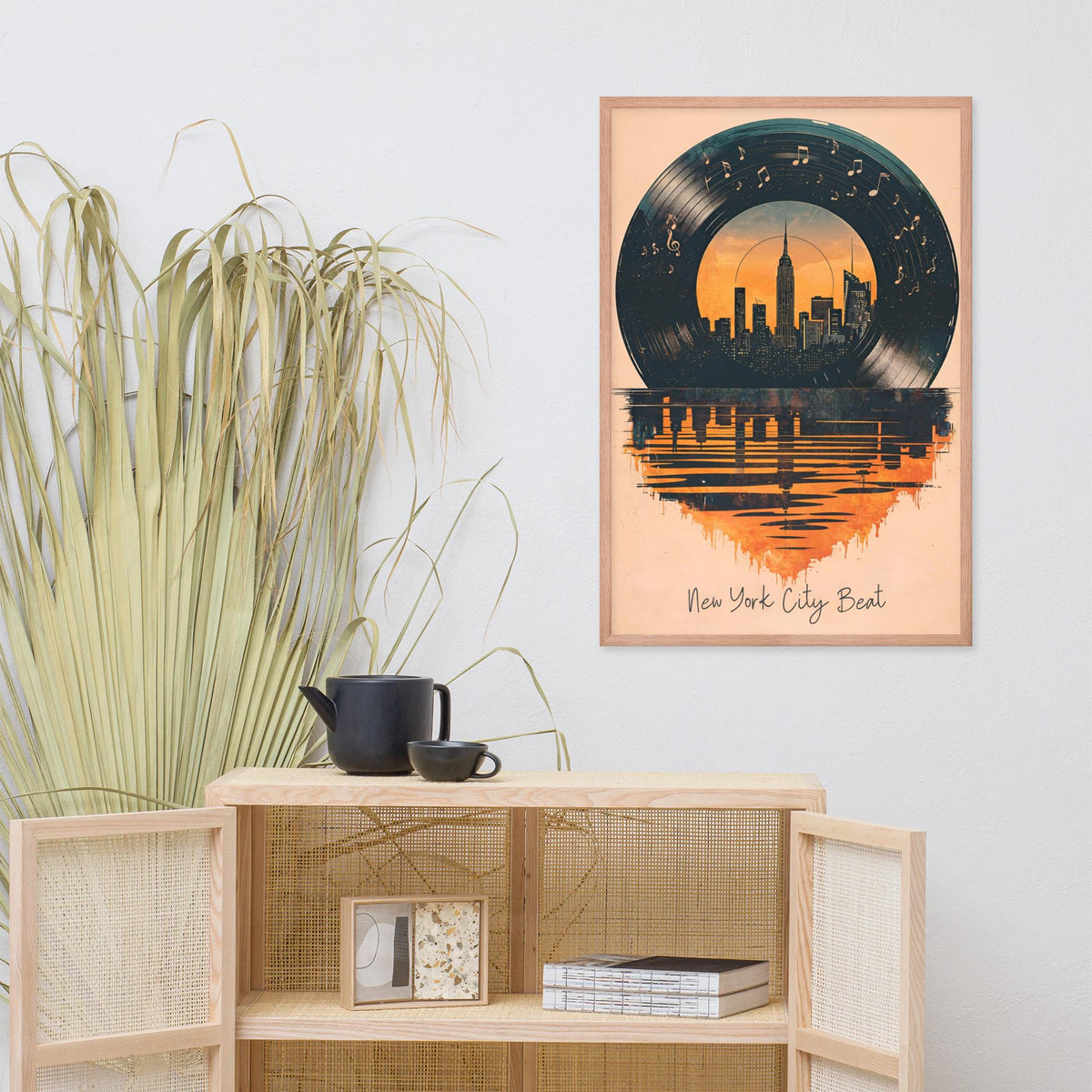 Vintage New York Vinyl Wall Art, Retro NYC Poster styled on a wall, blending music room decor and nyc art print inspiration