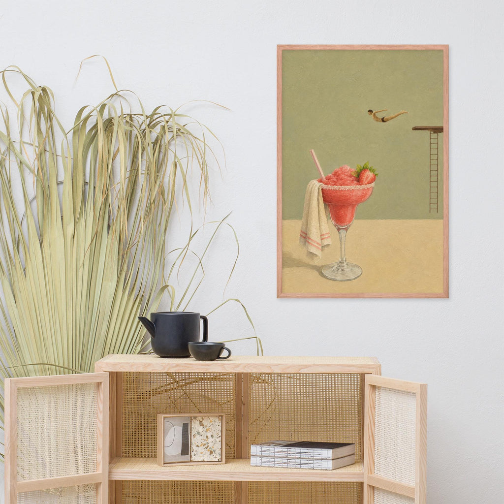 Vertical art print with the text 'DAIQUIRI TIME'. The print shows a pink strawberry daiquiri with a towel and a small diver in flight from a diving board.