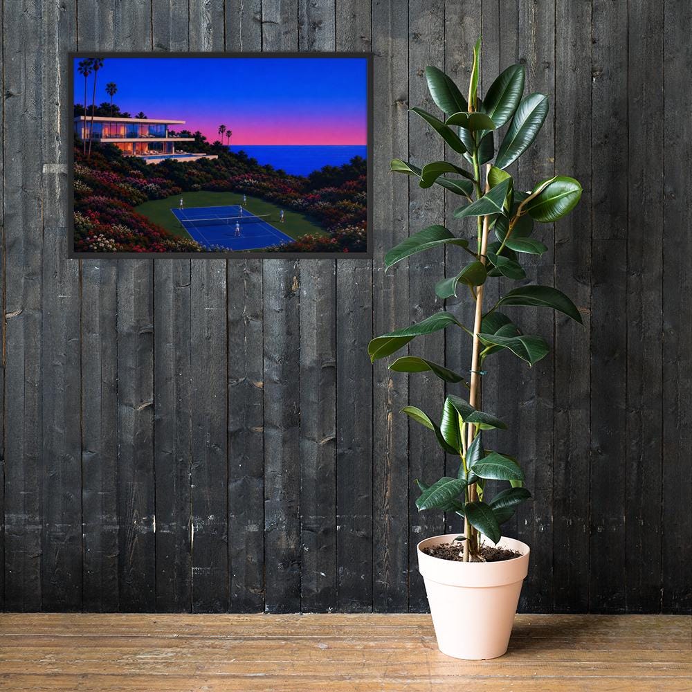 Vintage Tennis Wall Art styled on a wall, blending hiroshi nagai art and tennis court poster inspiration
