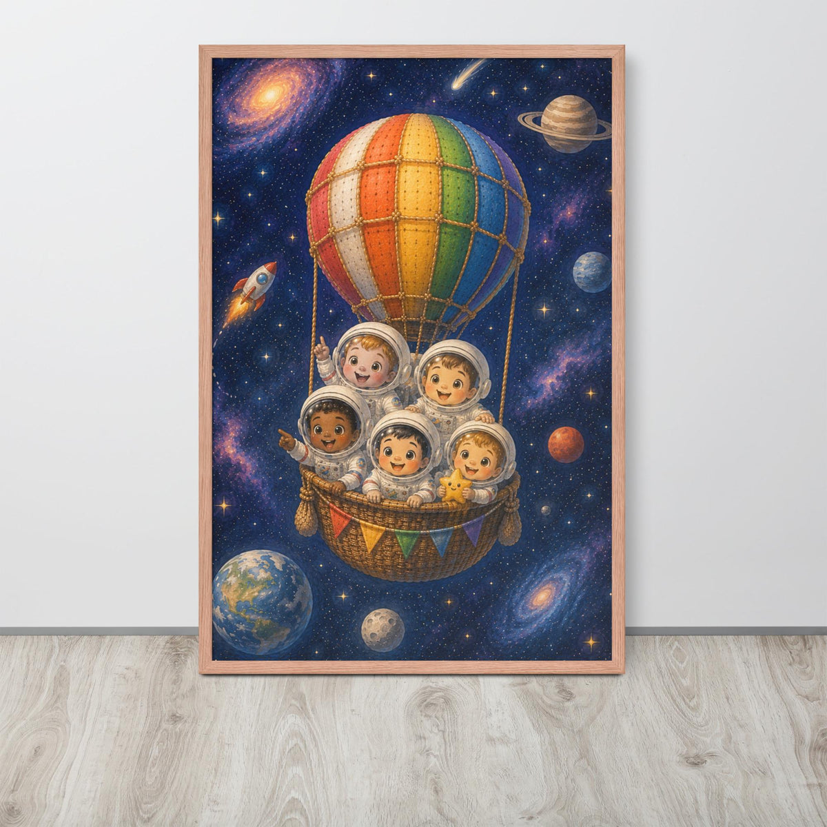 A framed space nursery wall art print depicting a whimsical scene of five young astronauts in space, riding in a hot air balloon basket with planets and galaxies in the background, shown leaning against a white wall on a light wood floor.