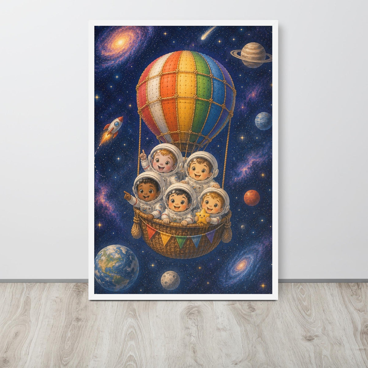 Space Astronauts Hot Air Balloon Nursery Wall Art with space nursery details, curated for space print interiors