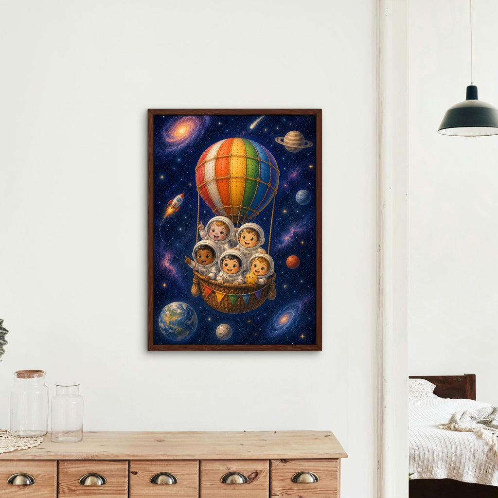 Space Astronauts Hot Air Balloon Nursery Wall Art featuring astronaut poster, perfect space nursery art for home decor