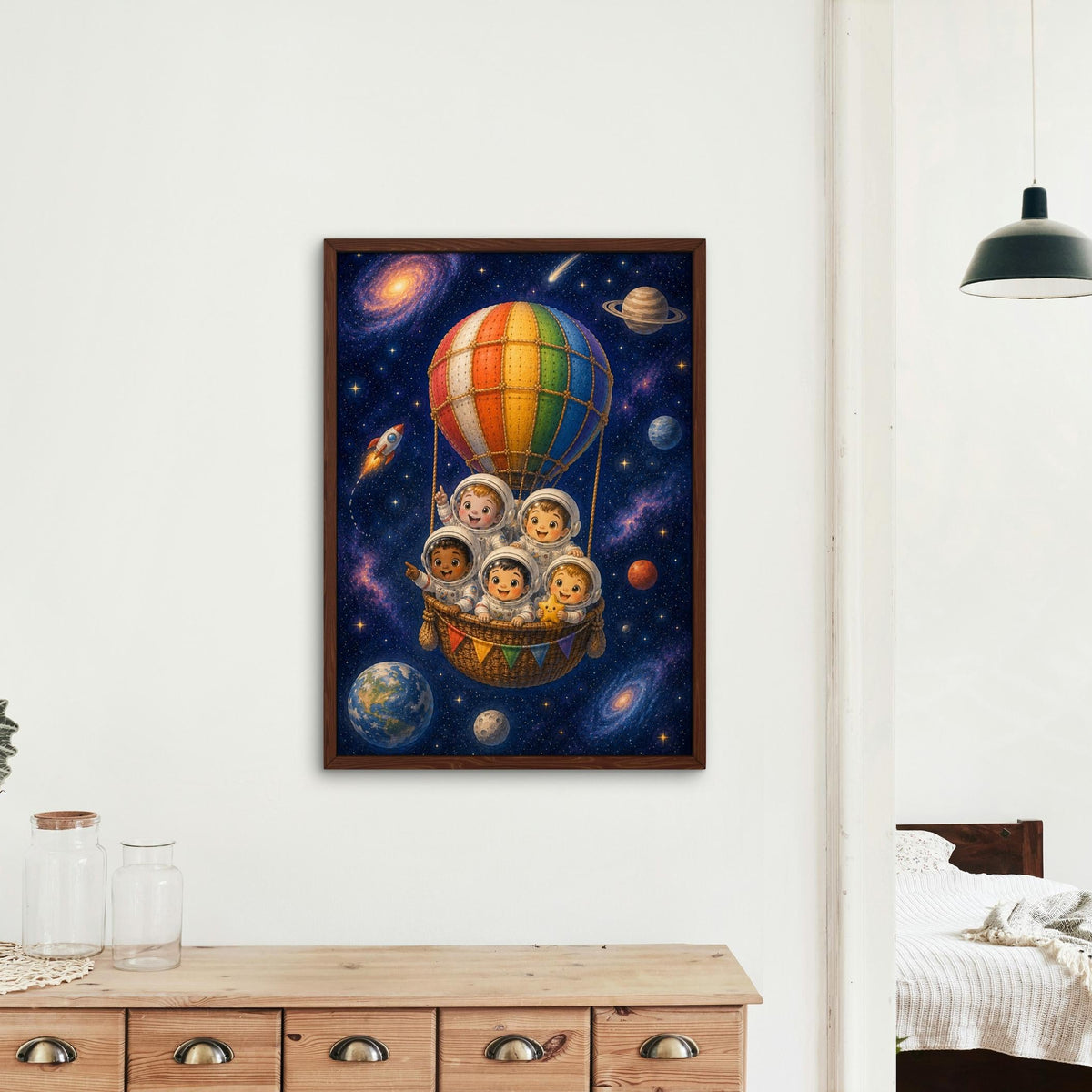 Space Astronauts Hot Air Balloon Nursery Wall Art featuring astronaut poster, perfect space nursery art for home decor