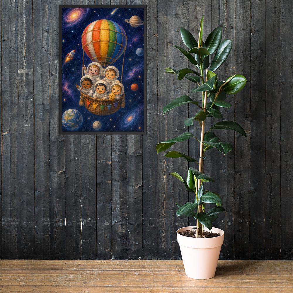 Space Astronauts Hot Air Balloon Nursery Wall Art styled on a wall, blending baby astronaut and space nursery decor inspiration
