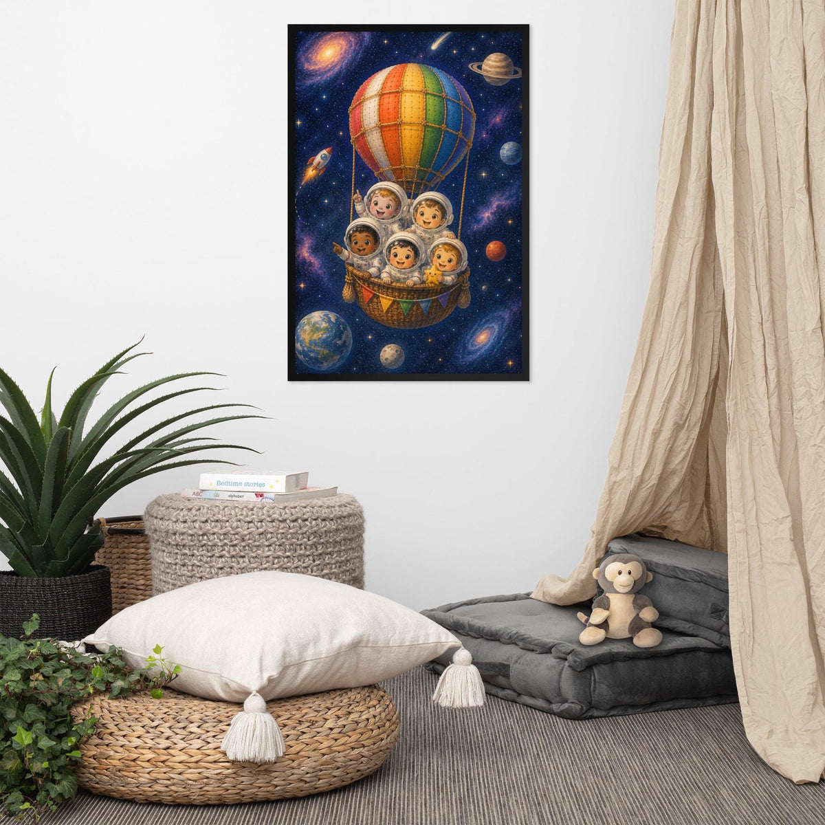 Space Astronauts Hot Air Balloon Nursery Wall Art showcasing balloon nursery art, a great pick for space nursery prints lovers