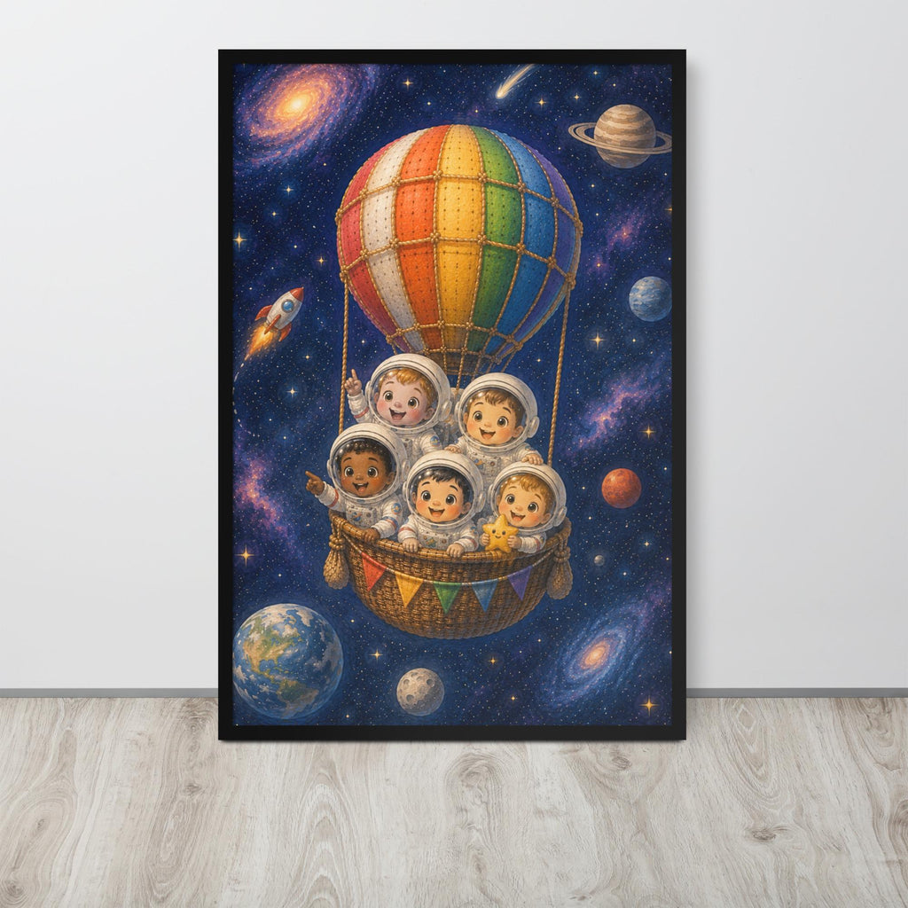 Space Astronauts Hot Air Balloon Nursery Wall Art mockup highlighting nursery wall art and space painting style